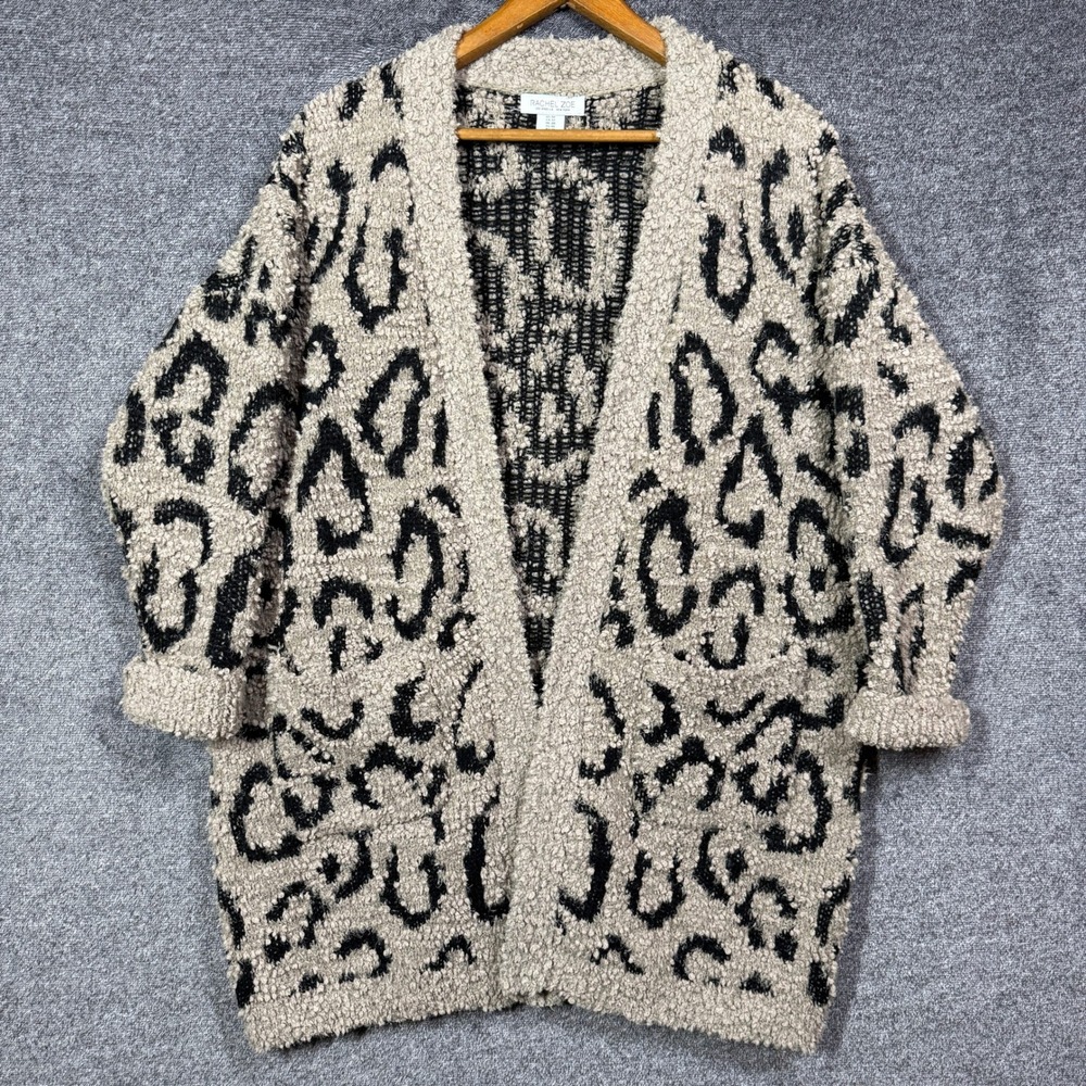 Rachel Zoe Cardigan Sweater Womens 1X Leopard Print Popcorn Knit Tan Black‎